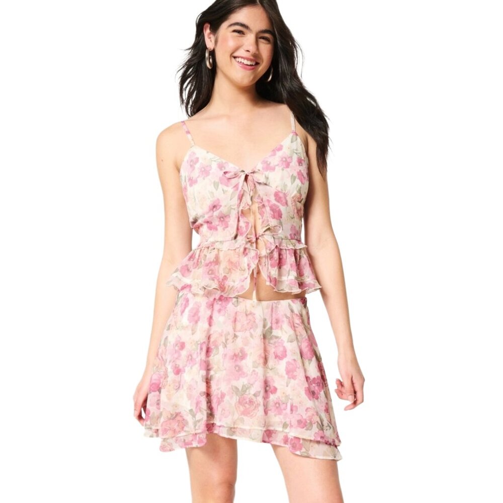 Hollister Pink Floral‎ Ruffle Chiffon Mini Skirt XS